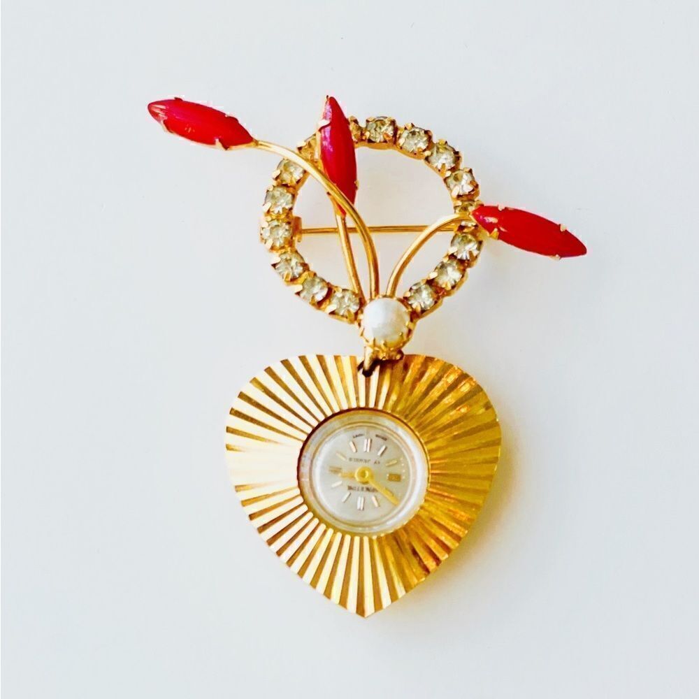 Vintage Rhinestone Brooch Pin With Watch Pendant - Picture 14 of 14